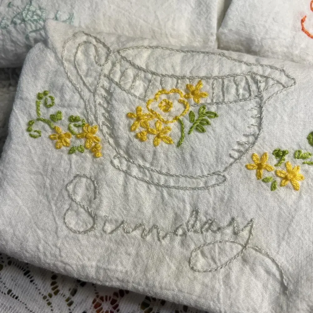 Vintage Lot of 7 Days of The Week Tea Cup Party Flour Sack Towels Dishes Teapot